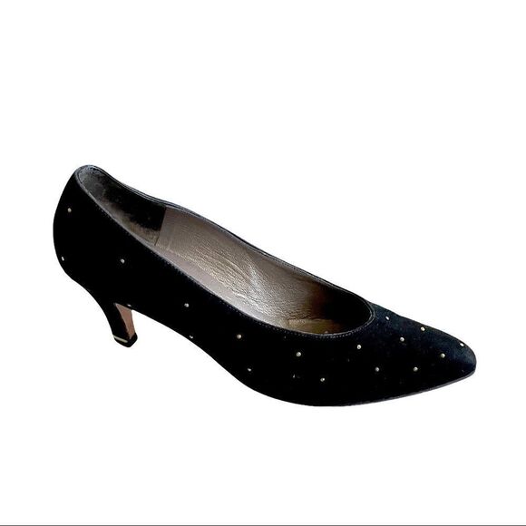 THOMAS WALLACE Vintage Suede Pointy Toe Pumps Heels Stud Detail Black 9 - Picture 6 of 15